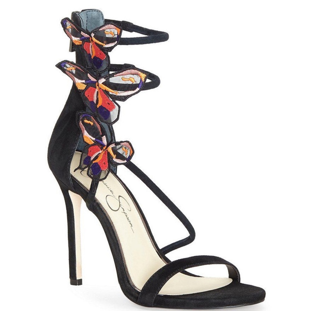 Jessica Simpson Black Heels with Colorful Butterfly Accents